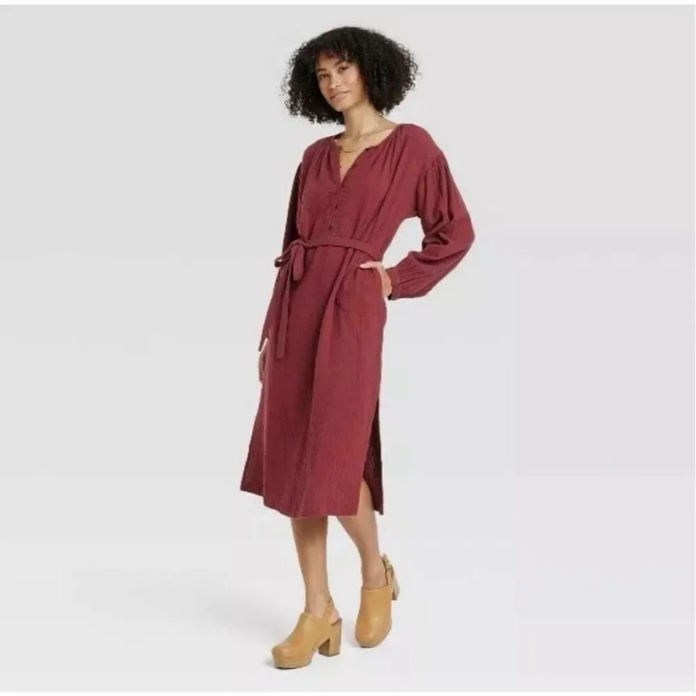 UNIVERSAL THREAD | Cranberry Dark Red Gauze Button Front Boho Dress‎ | Medium